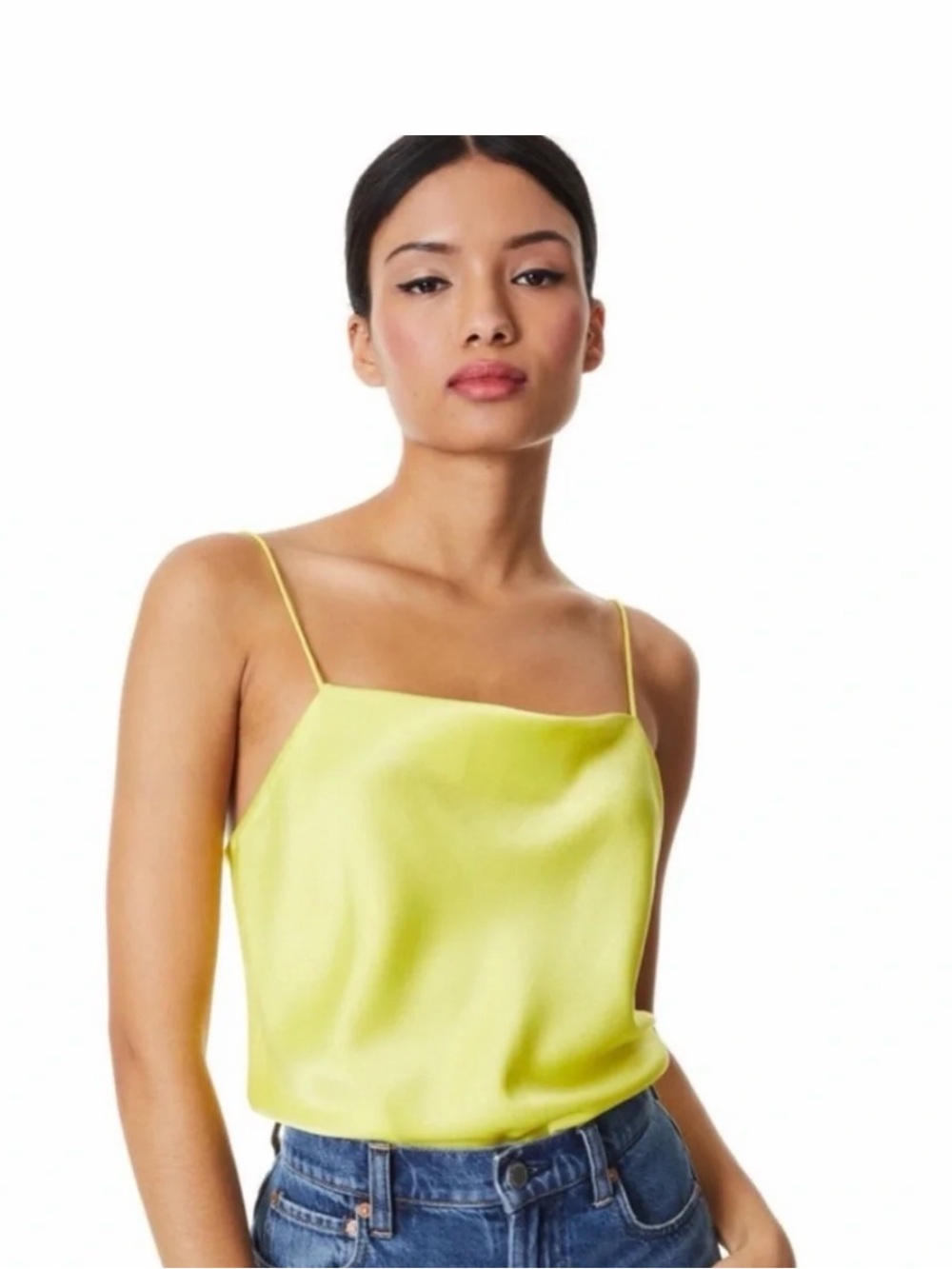 Alice and Olivia Satin Cowl Neck Spaghetti Strap Tank Top - Yellow